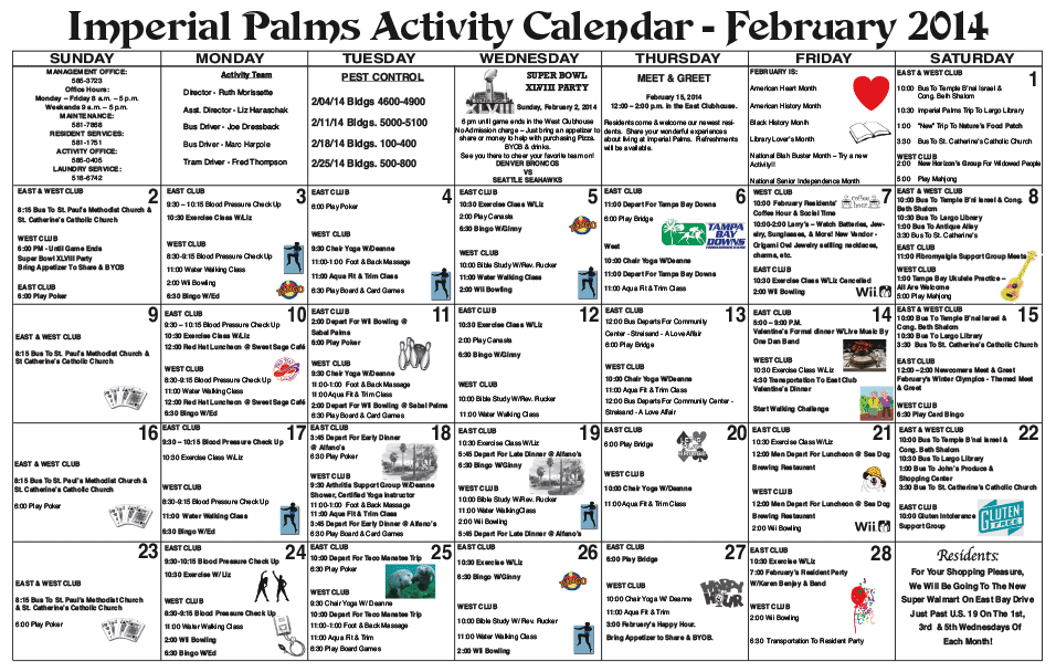 Imperial Palms Monthly Activity Calendar