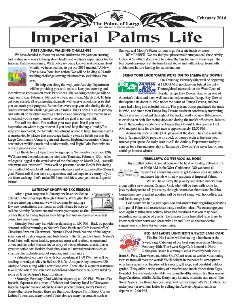 Imperial Palms Monthly Newsletter page 1