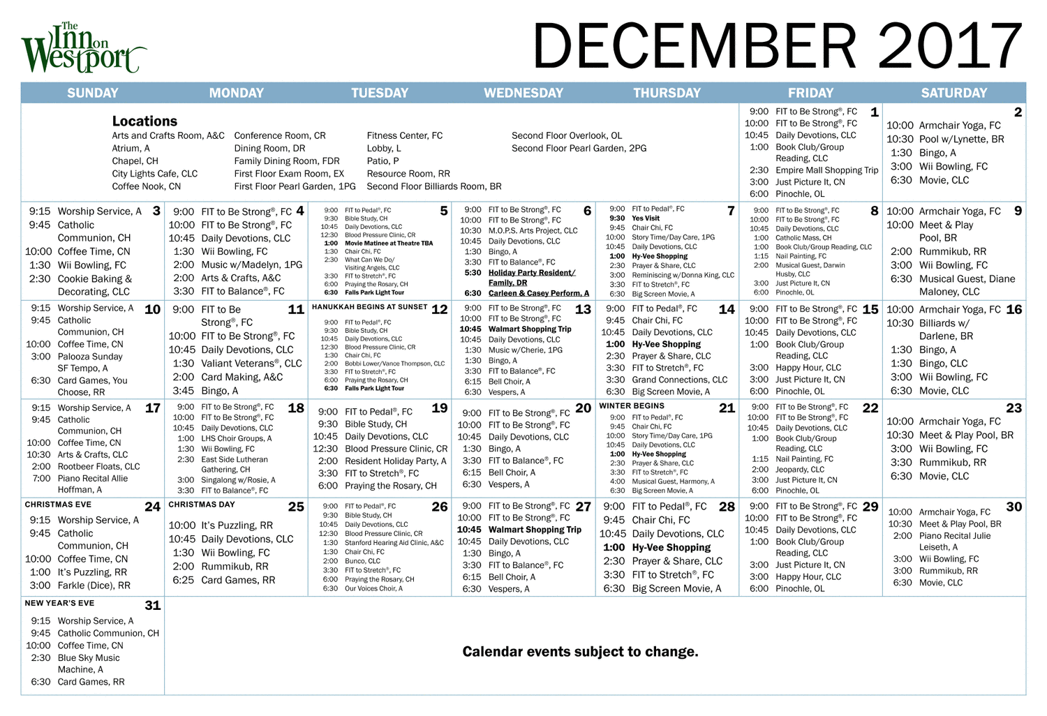 Inn on Westport Calendar