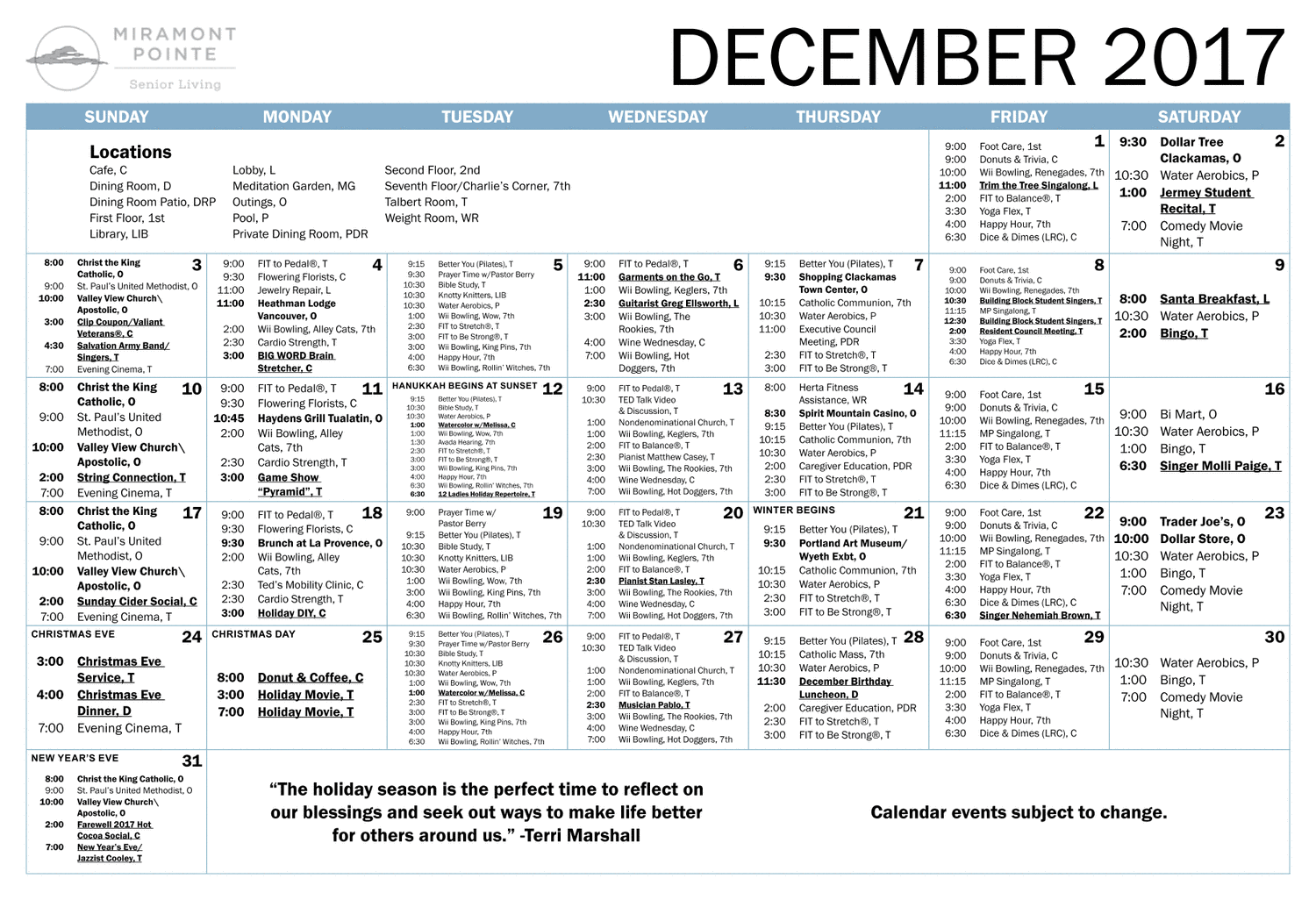 Miramont Point Calendar