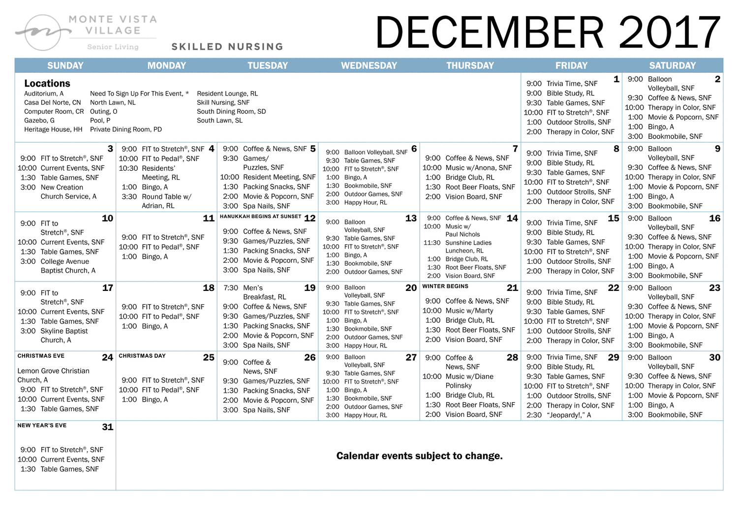 Monte Vista Village Monthly Skilled Nursing Health Center Calendar