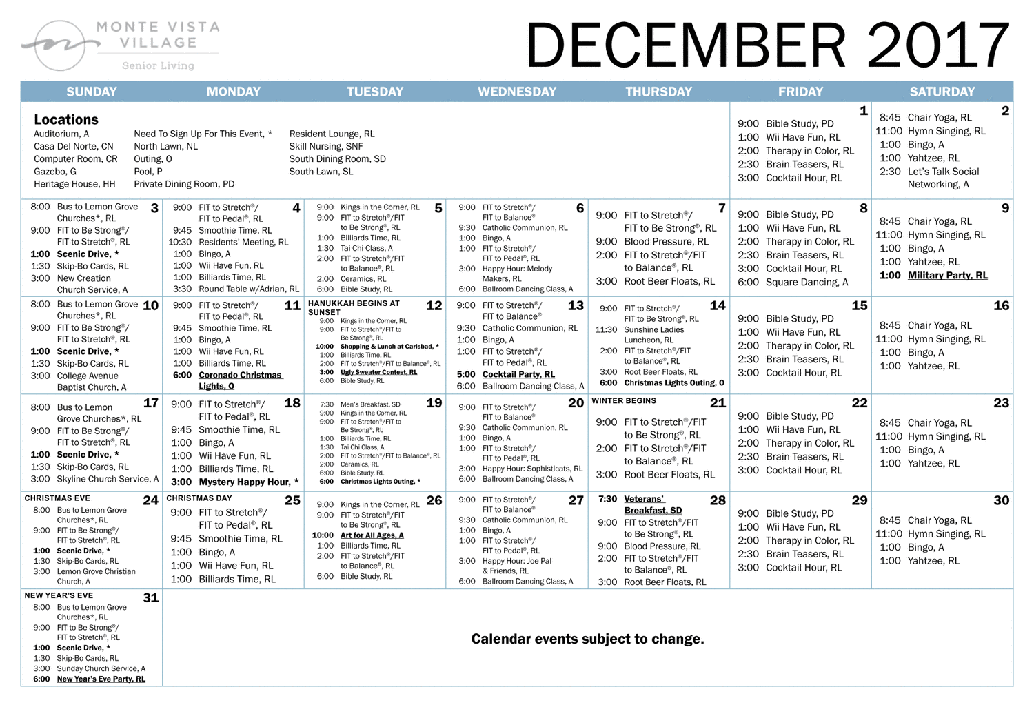 Monte Vista Village Monthly Residential Calendar