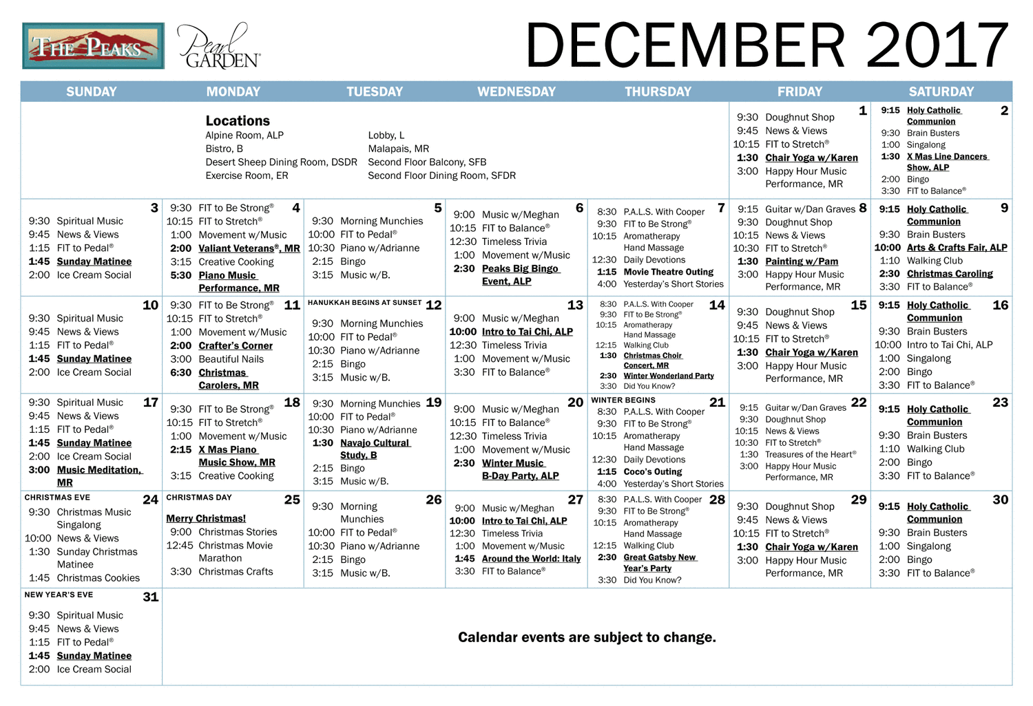 The Peaks Pearl Garden Memory Care Calendar