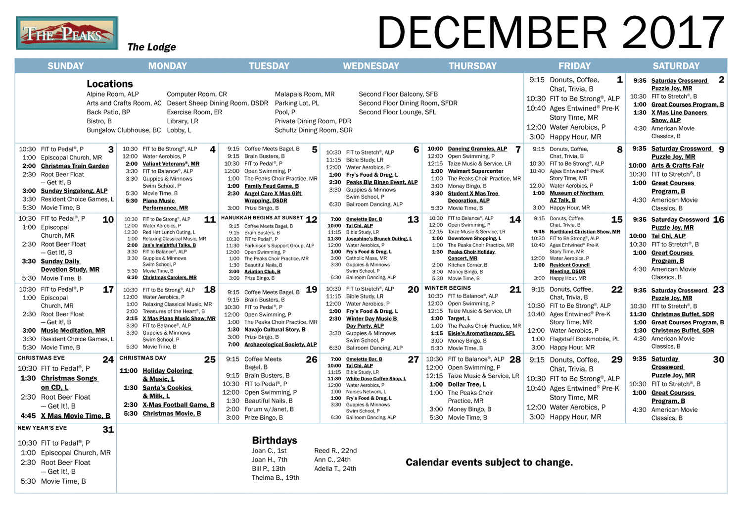 The Peaks Lodge Calendar