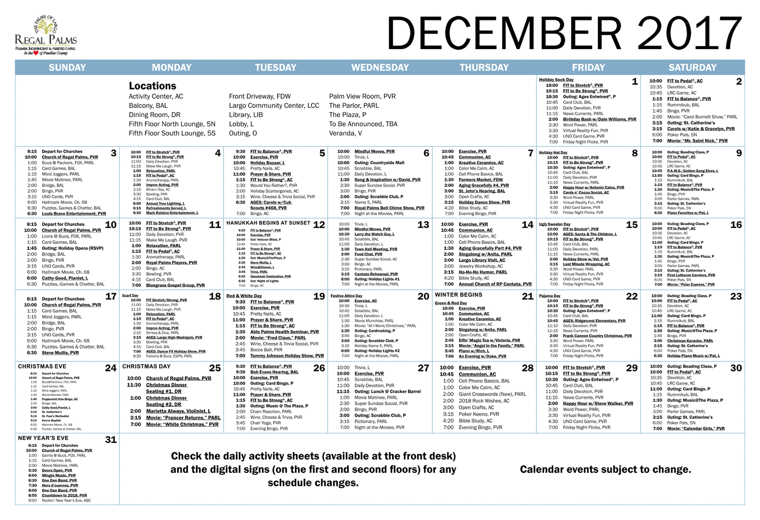 Regal Palms Calendar