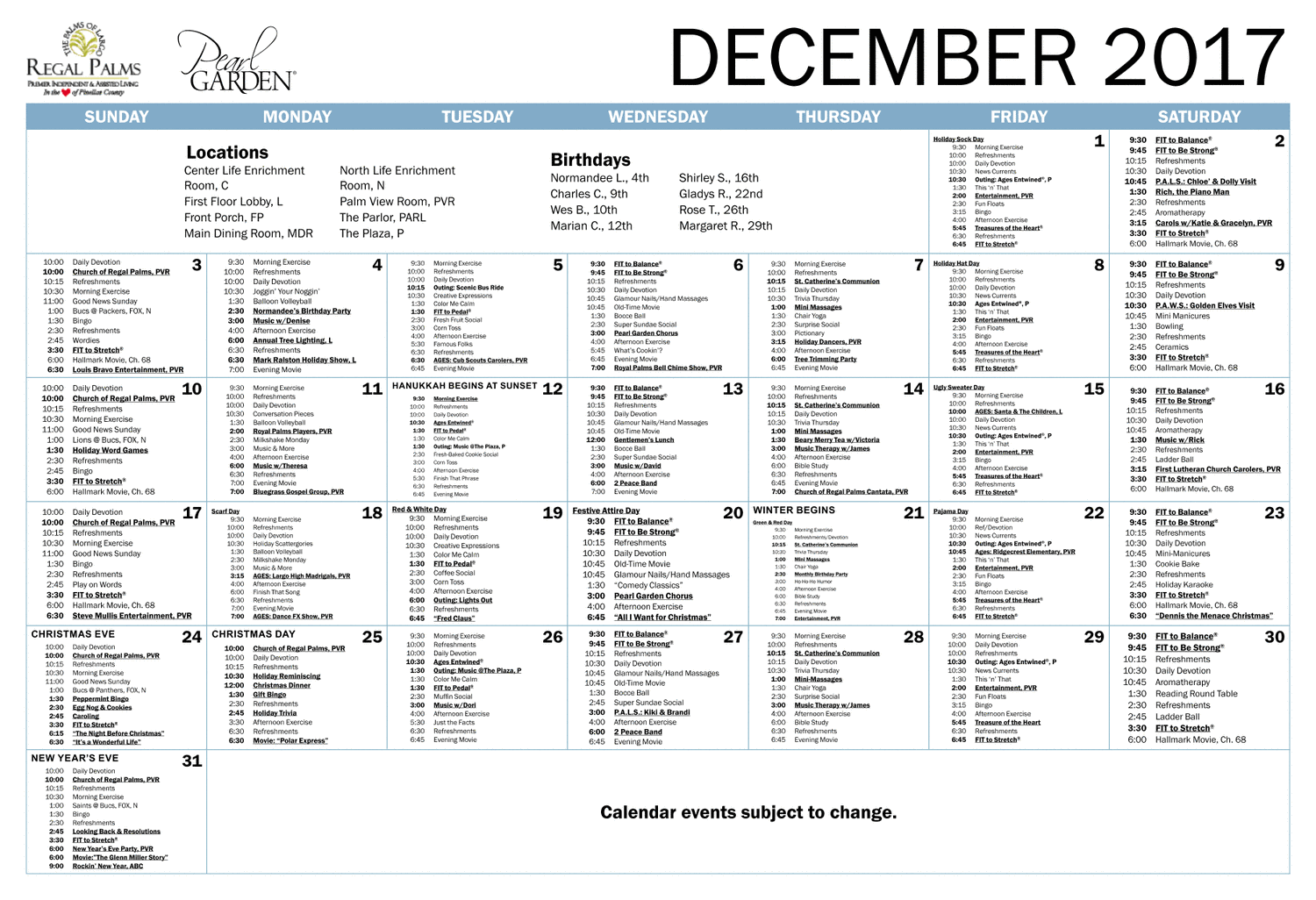 Regal Palms Pearl Garden Memory Calendar