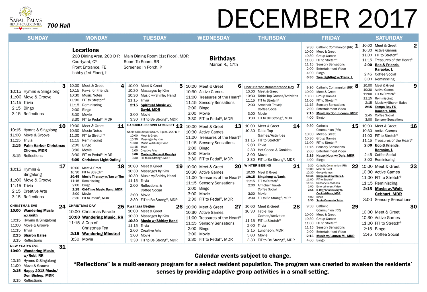 Sabal Palms 700 Hall Calendar