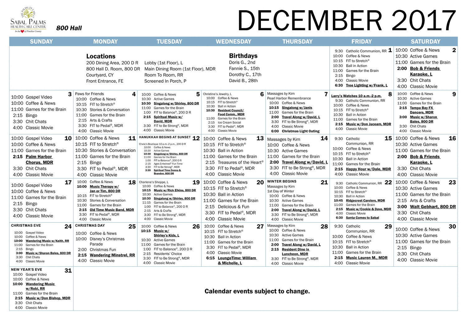 Sabal Palms 800 Hall Calendar