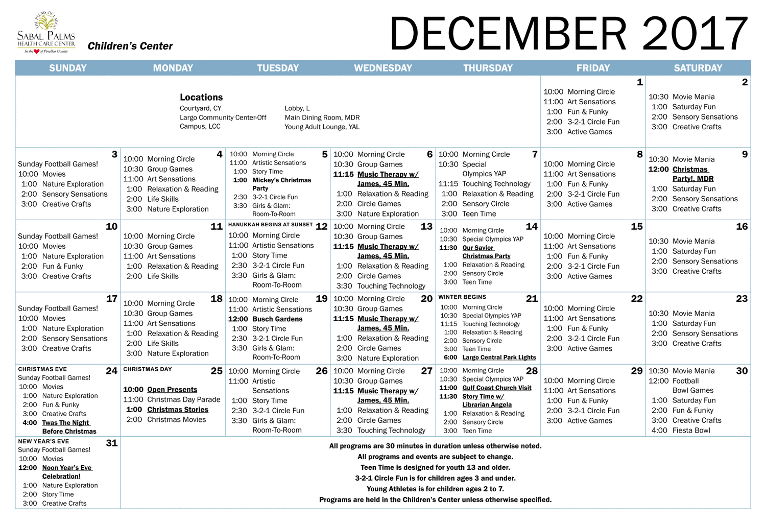 Sabal Palms Children's Center Calendar