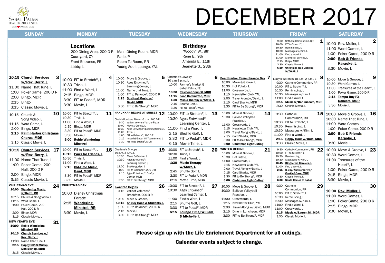 Sabal Palms Activity Calendar