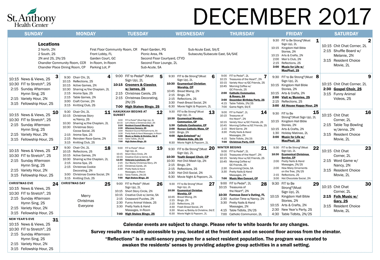 St. Anthony Activity Calendar
