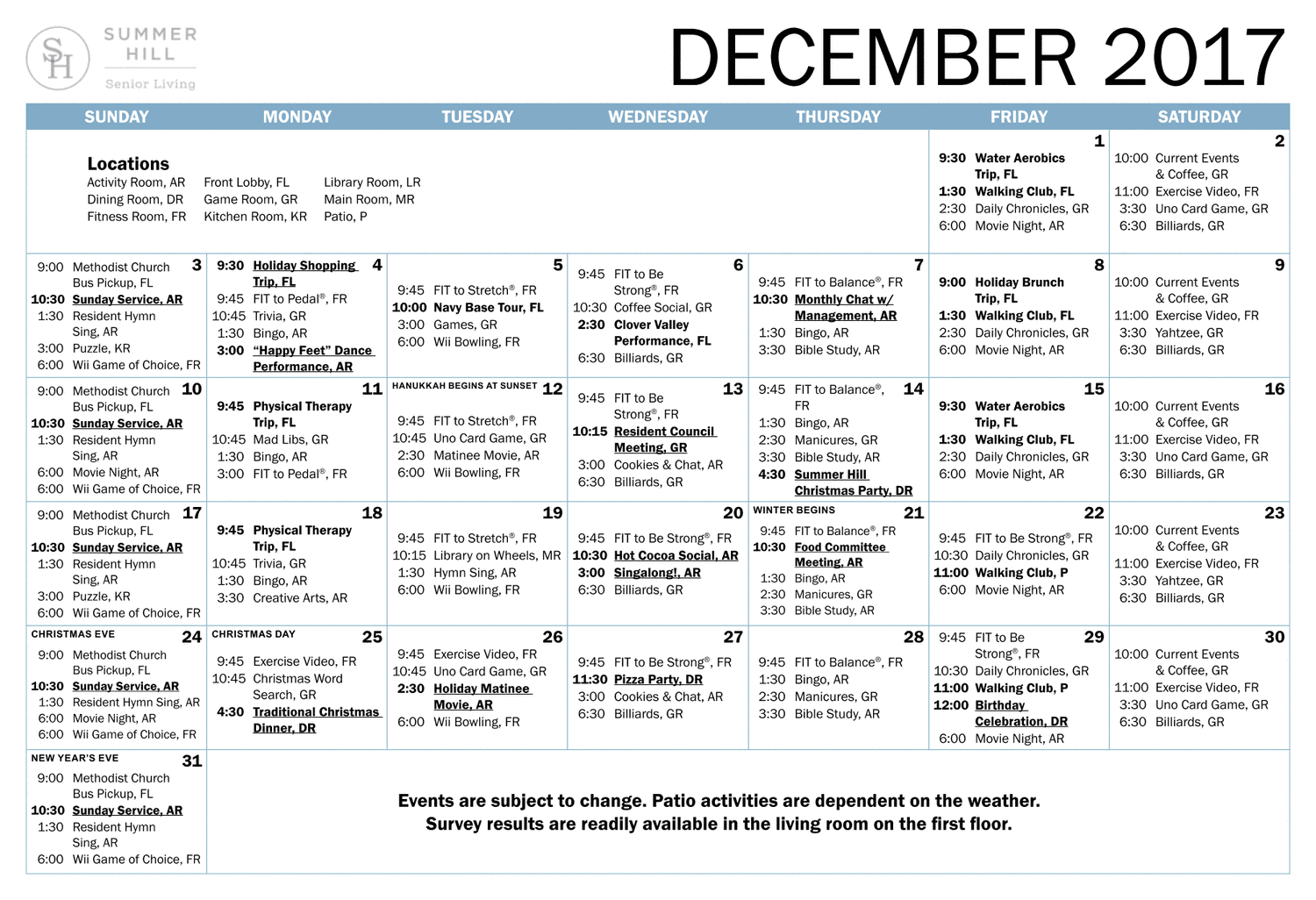 Summer Hill Monthly Calendar