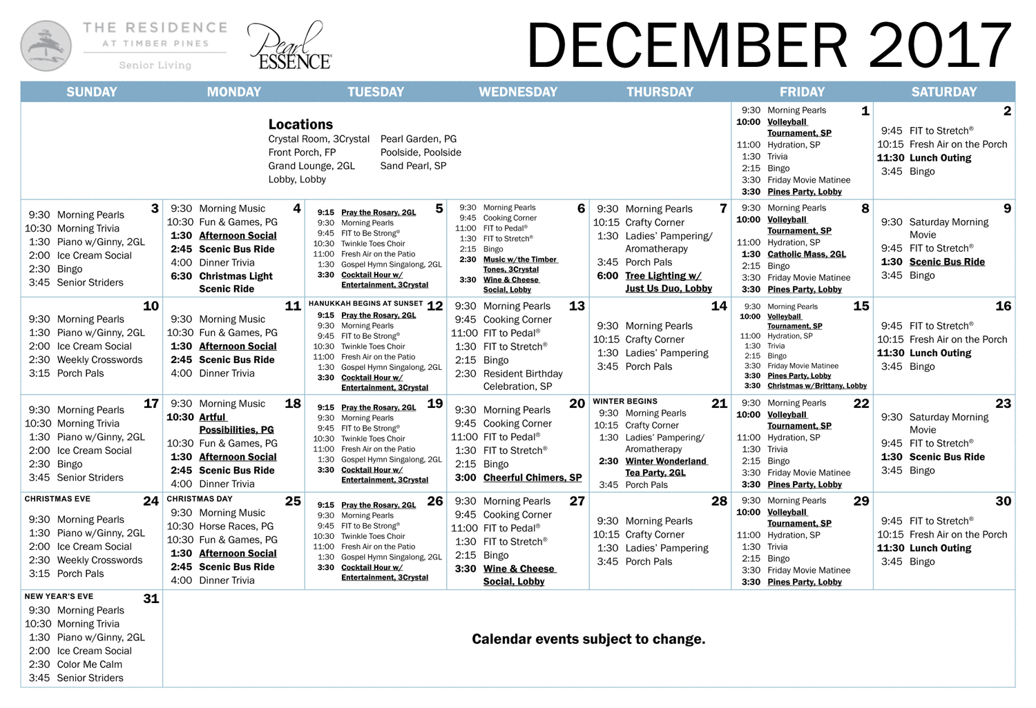 The Residence at Timber Pines Monthly Pearl Essence Calendar