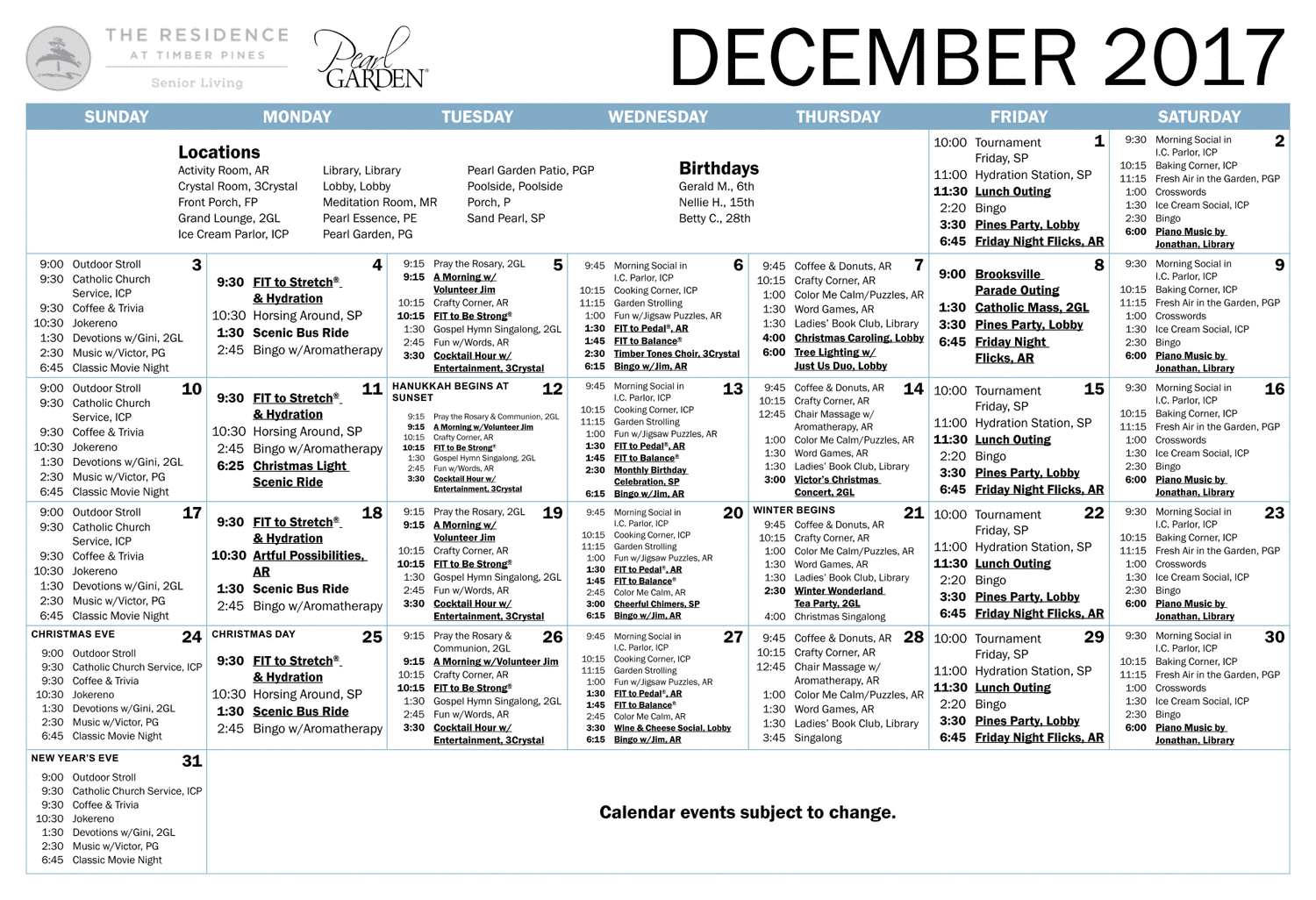 The Residence at Timber Pines Monthly Pearl Garden Calendar