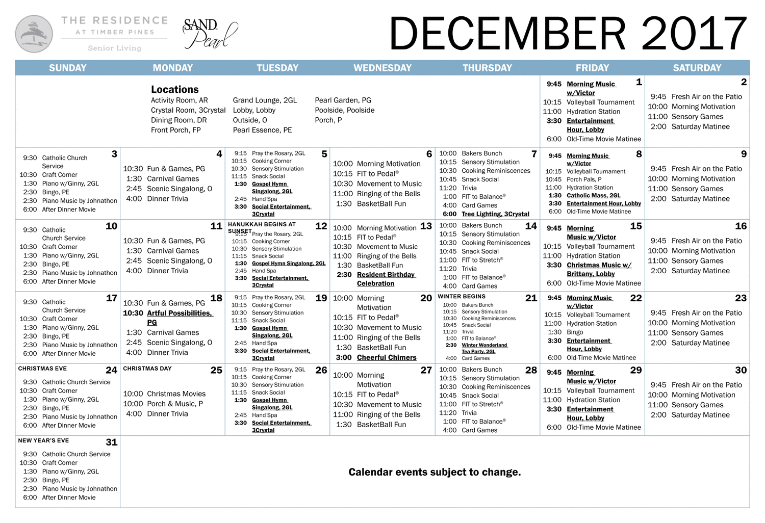 The Residence at Timber Pines Monthly Sand Pearl Calendar
