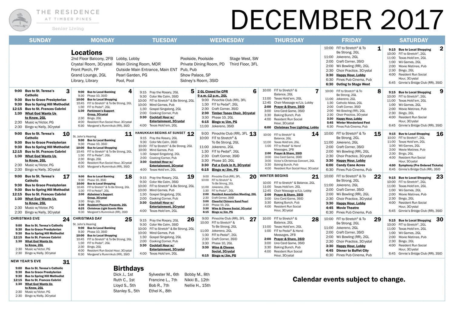The Residence at Timber Pines Monthly Calendar