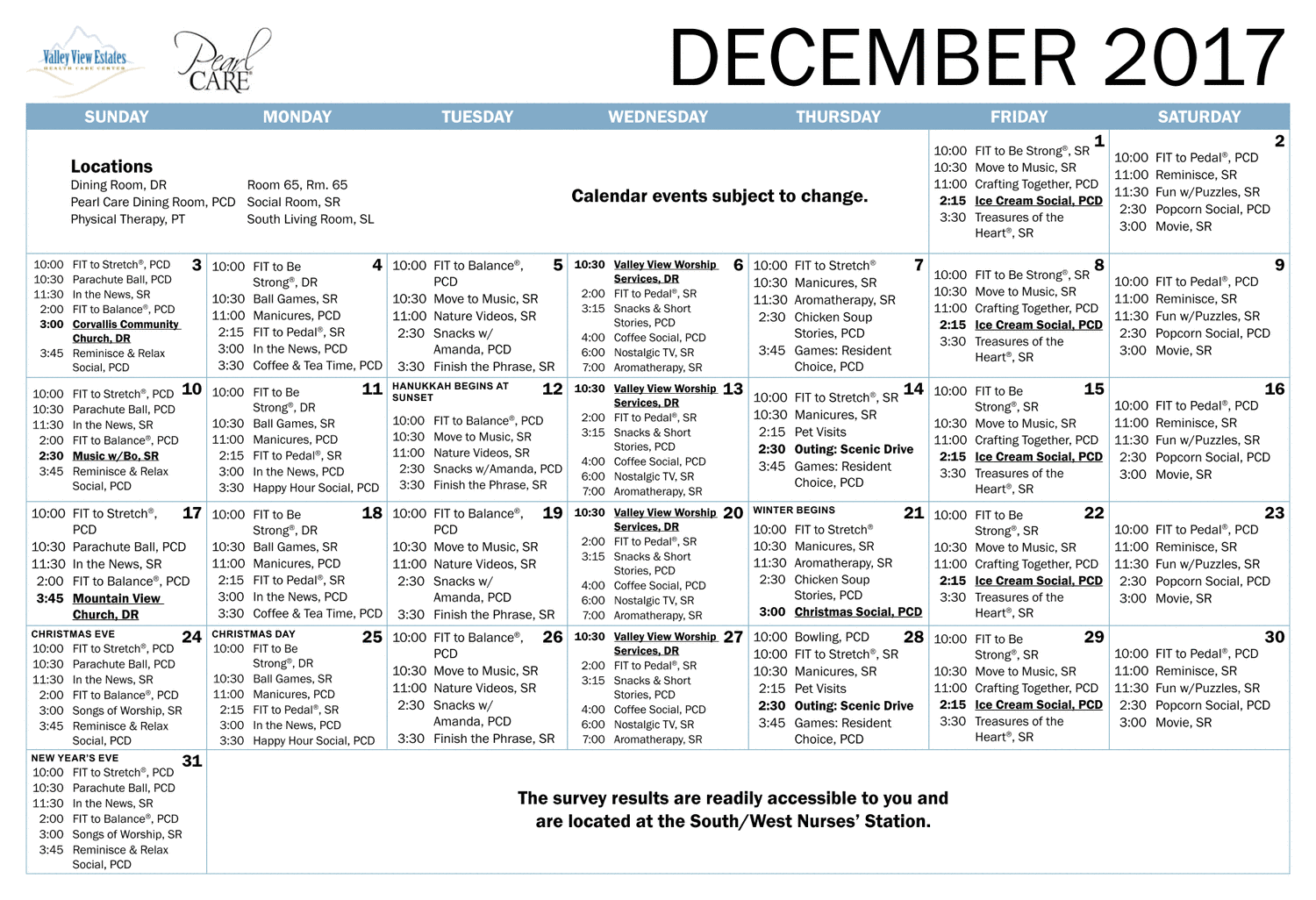 Valley View Estates Monthly Pearl Care Memory Calendar