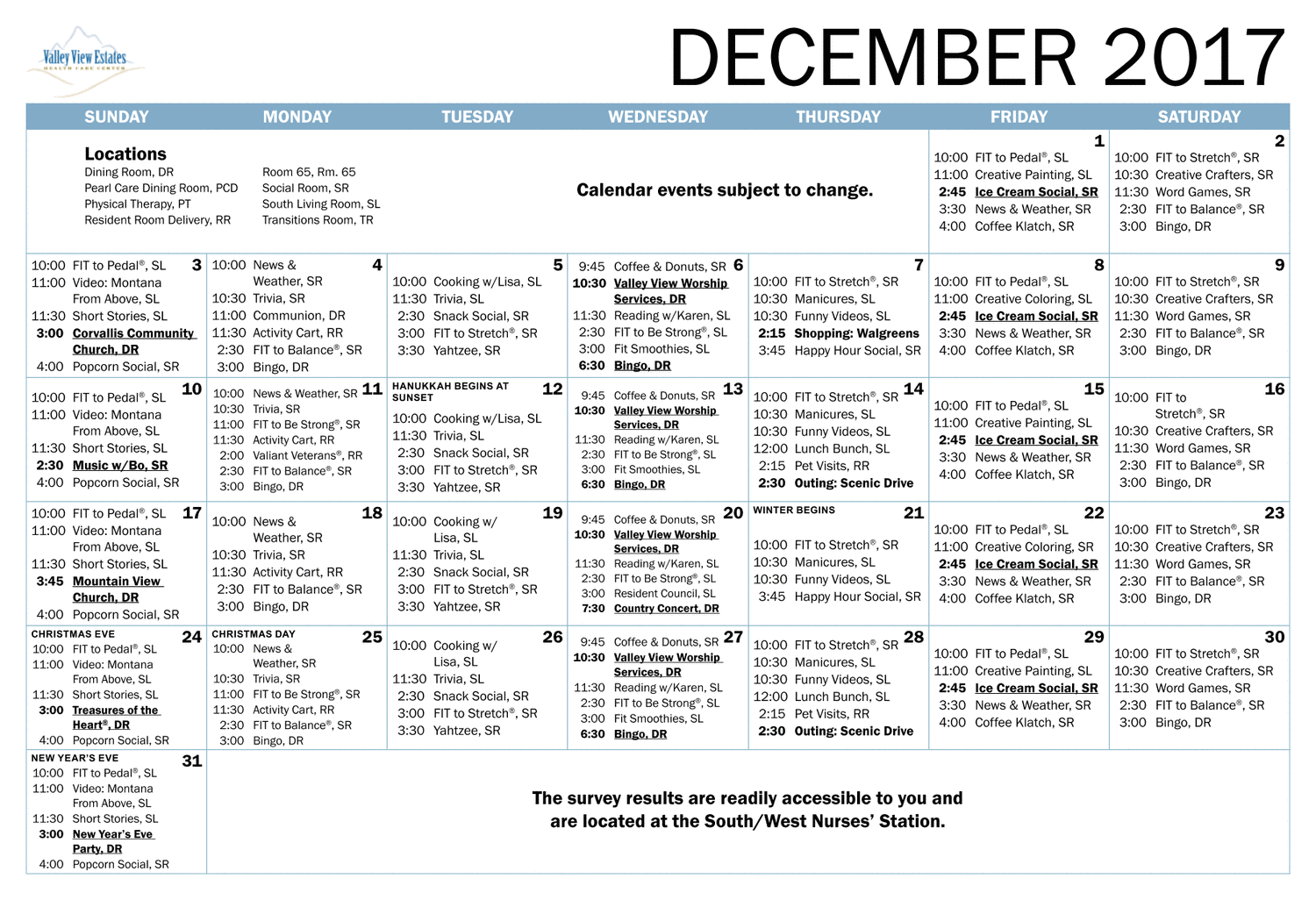 Valley View Estates Monthly Activity Calendar