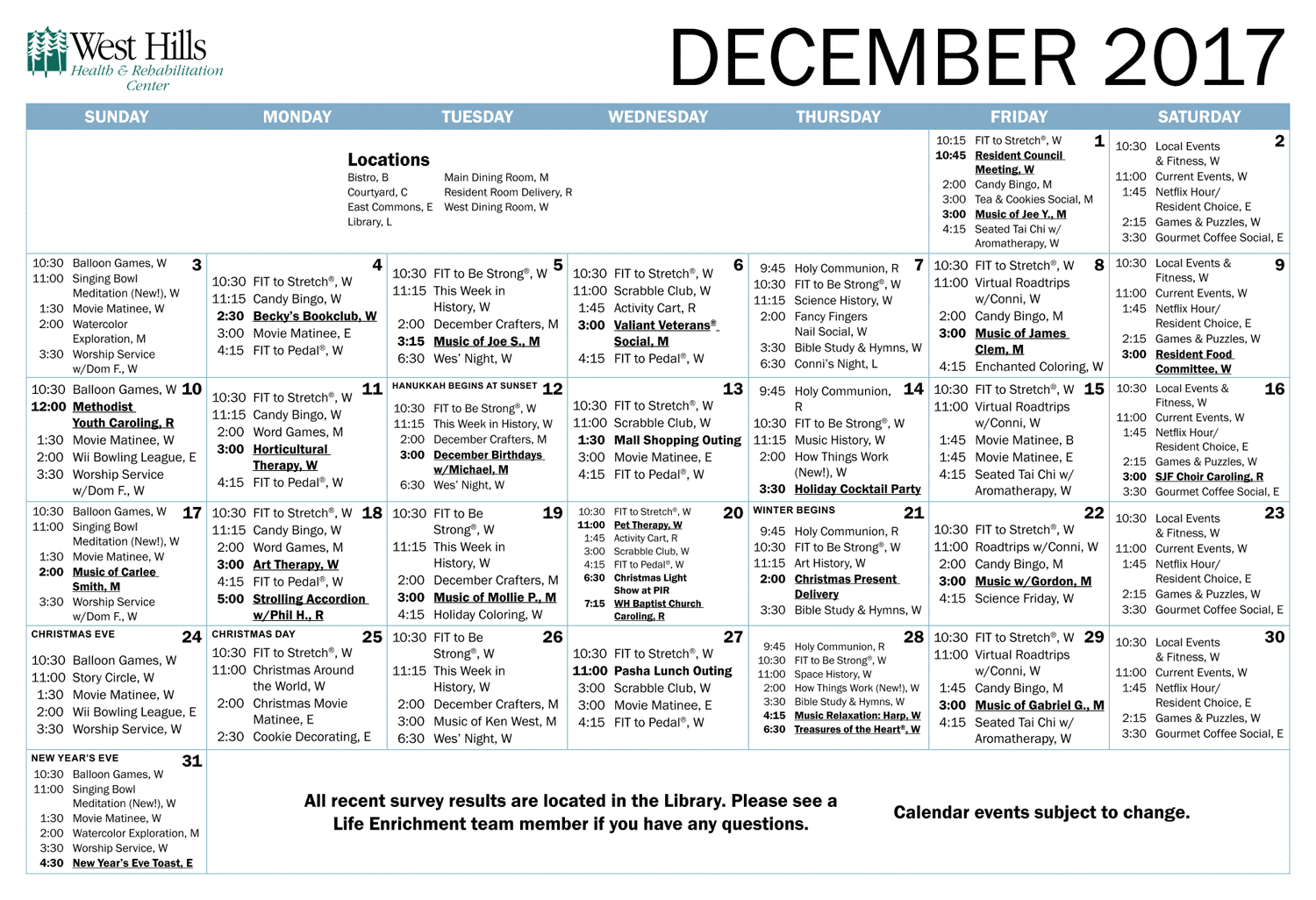 West Hills Health and Rehabilitation Center Monthly Calendar